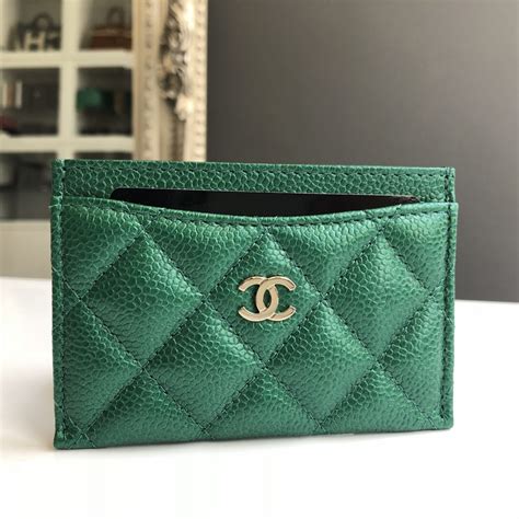 chanel emerald green card holder|Chanel emerald green card holder with button closure.